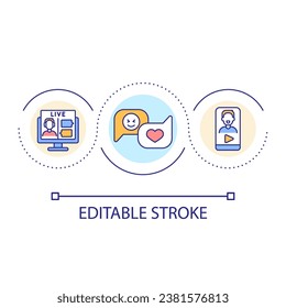 Video conferencing platform loop concept icon. Live streaming abstract idea thin line illustration. Virtual meeting. Video communication. Isolated outline drawing. Editable stroke. Arial font used