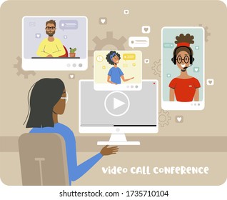 Videoconferencia, trabajo remoto, chat. Niña usando una computadora para una reunión virtual colectiva y videoconferencia grupal. Mujer en el escritorio conversando con amigos en Internet. Vector aislado.