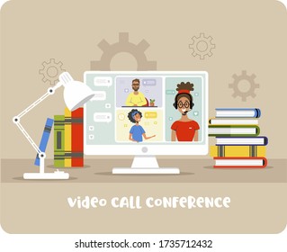 Video conferencing, remote work, chat. Girl using a computer for a collective virtual meeting and group video conferencing. Woman on the desktop chatting with friends on the Internet. Isolated vector.