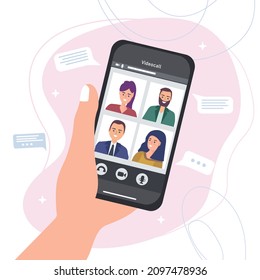 Videoconferencia desde un smartphone. El equipo de trabajo habla en pantalla a través de videollamadas. Ilustración vectorial.
