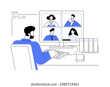 Ilustración vectorial de concepto abstracto de software de videoconferencia. Colegas hablando a través de videollamadas, tecnología de negocios inteligente, organización de trabajo en equipo de la empresa, metáfora abstracta de trabajo remoto.