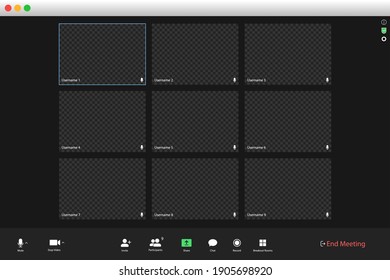 Video conferencing user interface. Video call screen interface template. Application for social communication. Video conferencing window overlay. nine users.