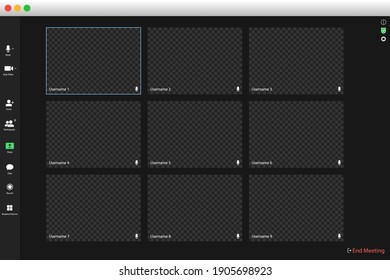 Video conferencing user interface. Video call screen interface template. Application for social communication. Video conferencing window overlay. nine users.