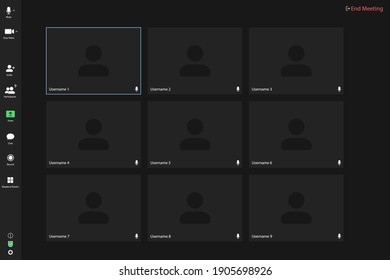 Video conferencing user interface. Video call screen interface template. Application for social communication. Video conferencing window overlay. nine users.