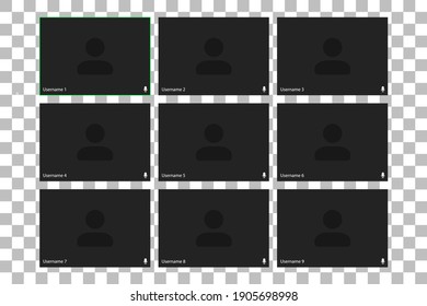 Video conferencing user interface. Video call screen interface template. Application for social communication. Video conferencing window overlay. nine users. On white background
