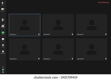 Video conferencing user interface. Video call screen interface template. Application for social communication. Video conferencing window overlay. six users.