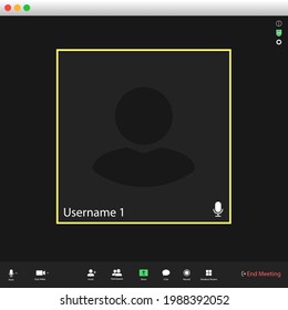 Video conferencing user interface. Video call screen interface template. Application for social communication. Video conferencing window overlay. one users.