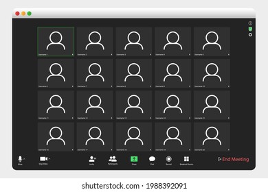 Video conferencing user interface. Video call screen interface template. Application for social communication. Video conferencing window overlay. twenty users.