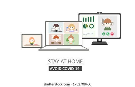 Video conferencing using Tablet, Laptop and Dekstop PC during stay at home for quarantine to prevent coronavirus, Covid 19, Cute design