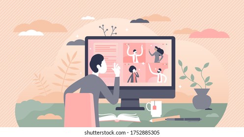 Video conferencing vector illustration. Distance conversation with work colleague flat tiny person concept. Online contact meeting with business partners using modern chat service application platform