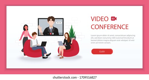 Ilustración de vectores de videoconferencia, infografía del concepto de trabajo desde el hogar y lugar para el texto 