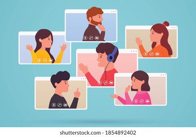 Video conferencia y grupo de personas de comunicación web. Hombres y mujeres se conectan juntos, aprendiendo, en línea con teleconferencia. Concepto de trabajar desde casa y desde cualquier lugar.