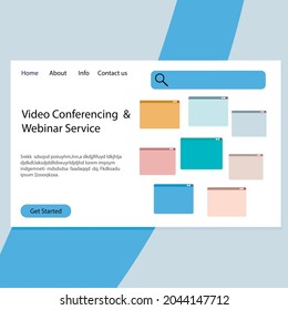 Video conferencing and webinar service landing page. Application interface for communication remotly, education meeting and seminar network. Vector illustration business conferencing and video call