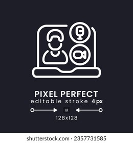 Video conferencing white linear desktop icon on black. Business communication. Online meeting. Pixel perfect 128x128, outline 4px. Isolated user interface symbol for dark theme. Editable stroke