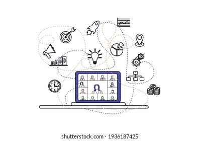 Videoconferencia y trabajo desde casa, trabajo remoto. Iconos de negocios, finanzas, administración en torno a la laptop con videoconferencia. Debate sobre las cuestiones de trabajo con los colegas. Ilustración del vector