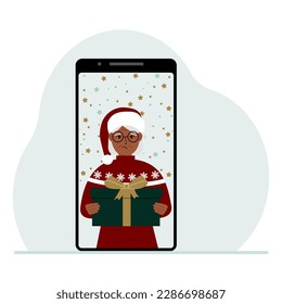 Video congratulations Merry Christmas or New Year. Mobile phone with a woman in a red cap with a gift box. The concept of a safe celebration, online congratulations. Vector flat illustration.
