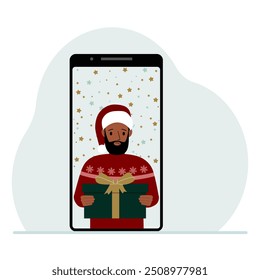 Video congratulations Merry Christmas or New Year. Mobile phone with a man in a red cap with a gift box. The concept of a safe celebration, online congratulations. Vector flat illustration.