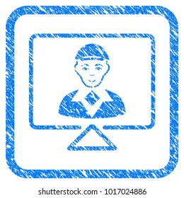 Video Connection rubber seal stamp watermark. Icon vector symbol with scratched design and dust texture inside rounded square. Scratched blue emblem. Man face has gladness feeling.