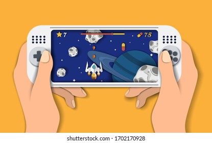 Video console games, vector flat style design illustration. Gamer playing space shooter video game on portable console. Gaming technologies, gadgets, entertainment industry concept.