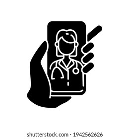 Video consultation black glyph icon. Virtual visits with board-certified doctors. Video appointment. Trustworthy advice from expert. Silhouette symbol on white space. Vector isolated illustration