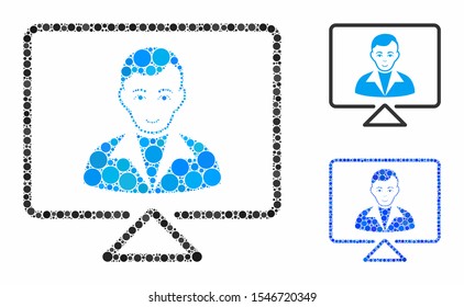 Video contact mosaic of circle elements in variable sizes and shades, based on video contact icon. Vector circle elements are organized into blue mosaic.