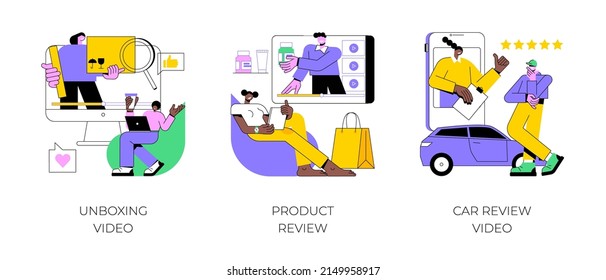 Video content abstract concept vector illustration set. Unboxing video, product and car review, blog monetization, online test-drive, features overview, rating service, advertising abstract metaphor.