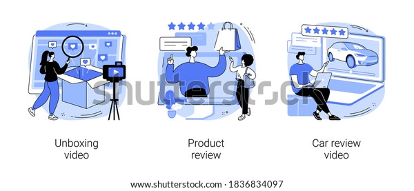 Video content abstract concept vector\
illustration set. Unboxing video, product and car review, blog\
monetization, online test-drive, features overview, rating service,\
advertising abstract\
metaphor.
