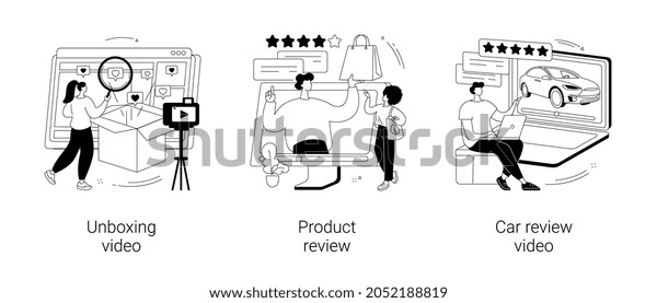Video content abstract concept vector\
illustration set. Unboxing video, product and car review, blog\
monetization, online test-drive, features overview, rating service,\
advertising abstract\
metaphor.