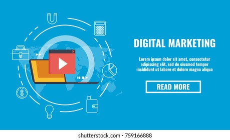 Video content advertising, world blogging vector concept, media advert, icon laptop video world map flat 3d illustration on blue background Video content advertising, world blogging vector concept, media advert, icon laptop video world map flat 3d illustration on blue background