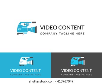 Video content busuness logo design in three colors such as white, blue and dark gray. Line contour logotype for movie and professional media technologies isolated on white. Text outlined