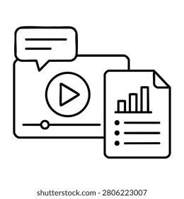 Video content card with play button and report document, video content card outline icon for news media, speech bubble and analytics report
