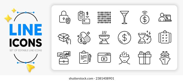 Video content, Clipboard and Ship line icons set for app include Pos terminal, Binary code, Business portfolio outline thin icon. Gift box, Medicine price, Hourglass timer pictogram icon. Vector