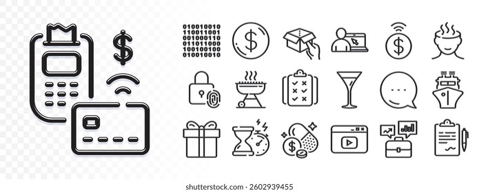 Video content, Clipboard and Ship line icons for web app. Glare of light effect. Message icon. Pack of Pos terminal, Binary code, Business portfolio pictogram icons. Vector