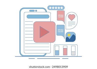 Video content concept for content marketing on social media. Content that attracts likes, shares, audience engagement, Content with audience reaction, Vector illustration with icons on the background.