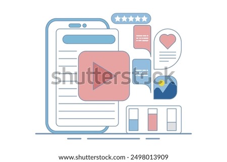 Video content concept for content marketing on social media. Content that attracts likes, shares, audience engagement, Content with audience reaction, Vector illustration with icons on the background.