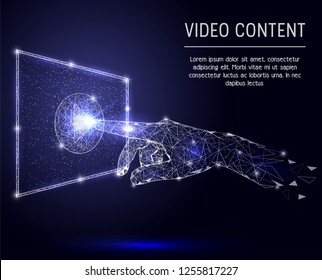 Video content concept vector polygonal art style illustration. Human hand touching play button on screen low poly wireframe mesh made of points, lines and shapes. Video streaming technology.