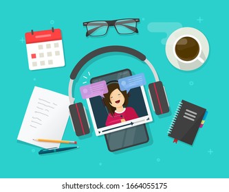 Video content creating online on work desk table or watching video tutorial on mobile phone or smartphone vector flat cartoon illustration, broadcasting or streaming vlog service with chat messages
