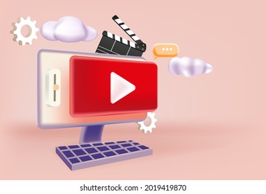 Creación de contenido de vídeo. Ilustración vectorial 3D. Publicidad en línea.Objetos 3D sobre un fondo rojo.