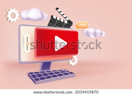 Video content creation. 3D vector illustration. Online advertising.3D objects on a red background.