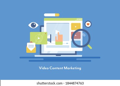 Creación de contenido de vídeo, marketing de vídeo, medios digitales, publicidad en sitios web - ilustración vectorial de diseño plano con iconos
