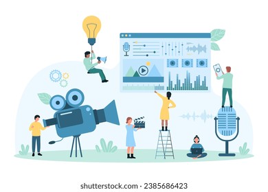 Video content creation, movie and multimedia production for vlog vector illustration. Cartoon tiny people record video podcast with camera, edit and montage with equipment and visual interface