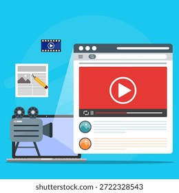 Video Creación de contenido y concepto de publicación en línea que muestra Elementos de reproductor de medios, cámara y edición para marketing digital, redes sociales, plataformas de transmisión y producción multimedia