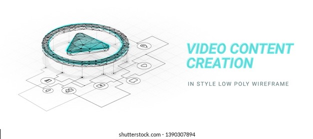 Video content creation.Play button. Scheme reflecting the mechanism for creating video.Abstract illustration isolated on white background.Low poly wireframe style.Plexus lines and points in silhouette