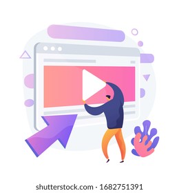 Video content creator, blogger colorful cartoon character. Video editing, uploading, cutting. Arrangement of video shot, manipulation. Vector isolated concept metaphor illustration