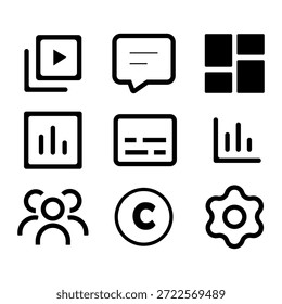 Video Contenido Conjunto de iconos del panel de control de Creator, Elementos de interfaz de usuario de administración de redes sociales, arte de línea de Vector.