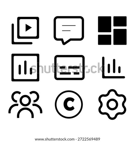 Video Content Creator Dashboard Icon Set, Social Media Management UI Elements, Vector Line Art.