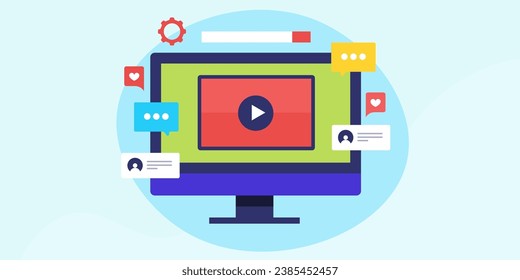 Video content creator, Digital content marketing, Video content management - flat design vector illustration with icon