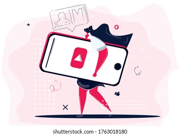 Ilustración de Creador de contenido de vídeo. Bloguera, concepto de influencia en los medios sociales. Estrategia de marketing digital. Marketing de vídeo.  Ilustración aislada del vector rosa vibrante brillante brillante.