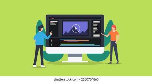 Creador de contenido de video, gente creando videos para medios sociales, contenido de video para marketing digital - ilustración vectorial de diseño plano