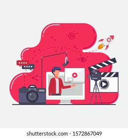 Video content creator for social media flat 2d style. With its tools, camera, microphone, and additional icons.